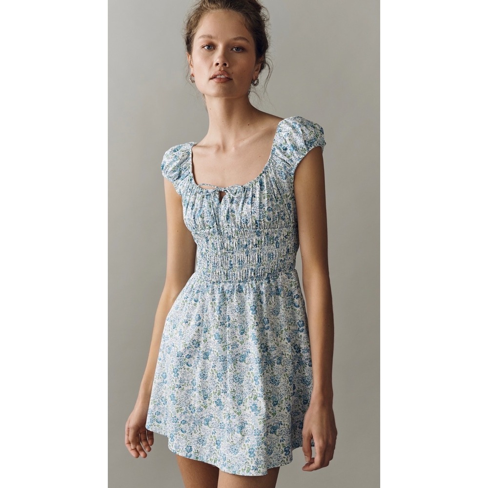 Anthropologie Smocked Cotton Mini Dress M NWT Blue Floral Cottagecore